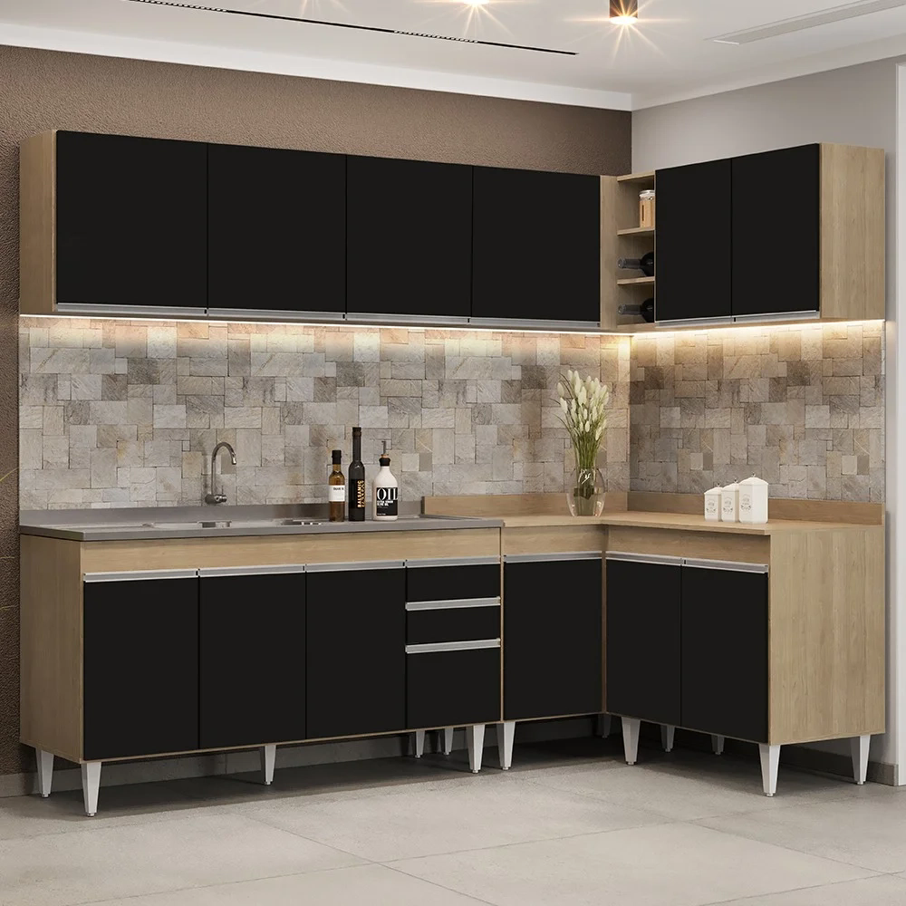 Armário de Cozinha Modulado de Canto 6 Peças CP33 com Pia Inox Castanho/Preto - Lumil