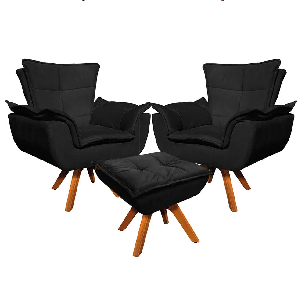 Kit 2 Poltronas Decorativas Base Giratória Giromad com Puff Opla Suede Preto - Ibiza