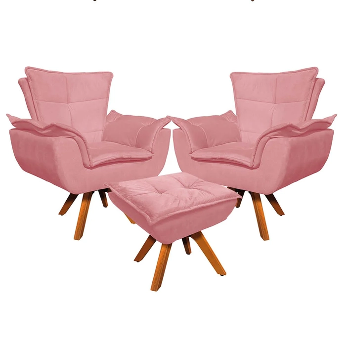 Kit 2 Poltronas Decorativas Base Giratória Giromad com Puff Opla Suede Rose - Ibiza