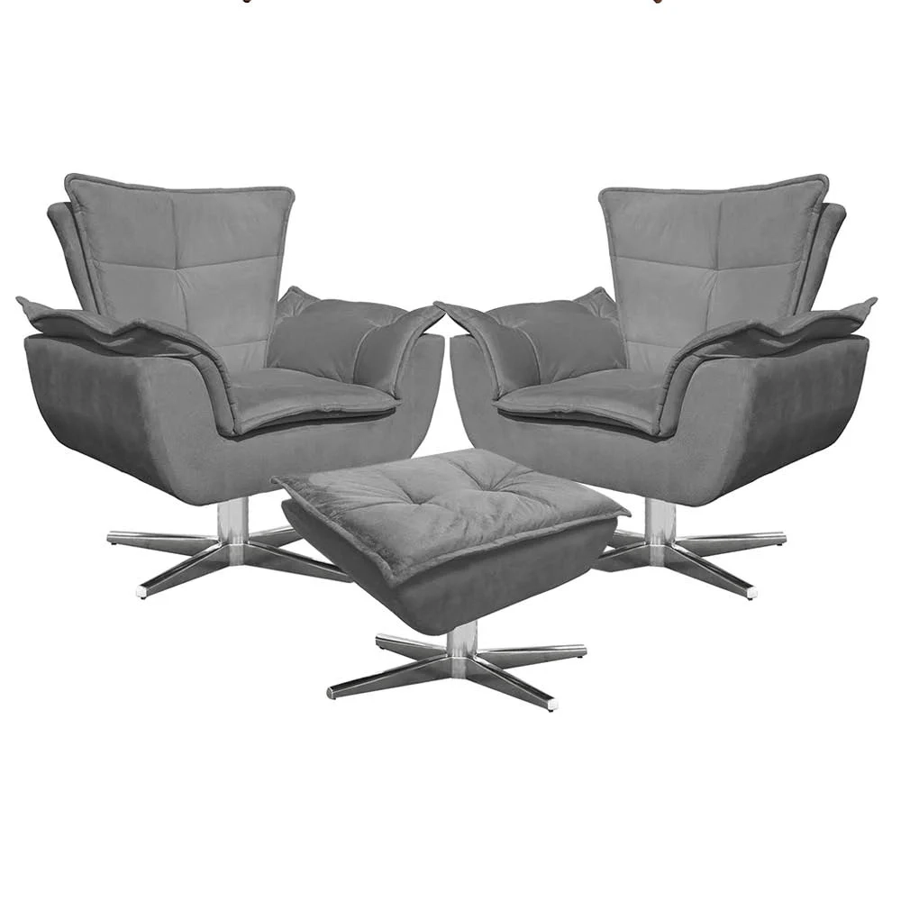 Kit 2 Poltronas Decorativas Base Giratória Cromada com Puff Opla Suede Grafite - Ibiza