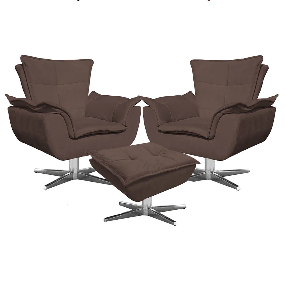 Kit 2 Poltronas Decorativas Base Giratória Cromada com Puff Opla Suede Marrom - Ibiza