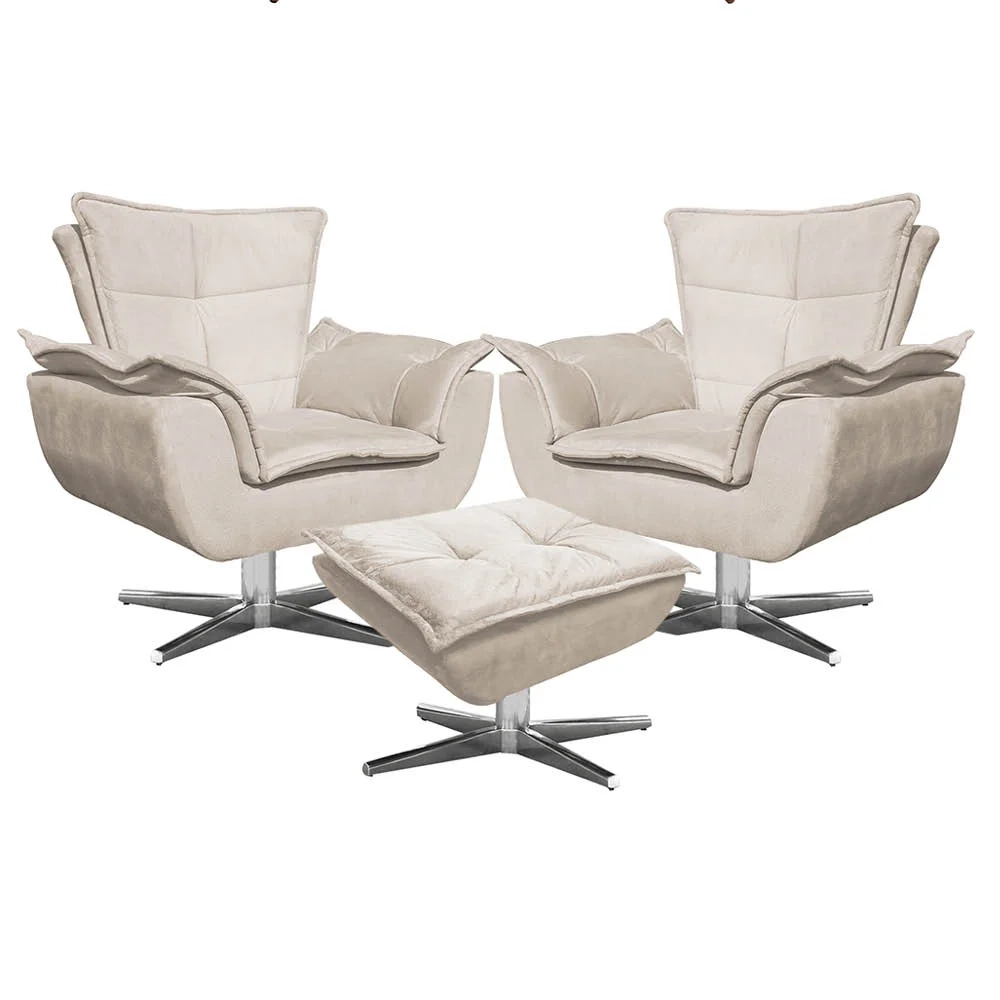 Kit 2 Poltronas Decorativas Base Giratória Cromada com Puff Opla Suede Bege - Ibiza
