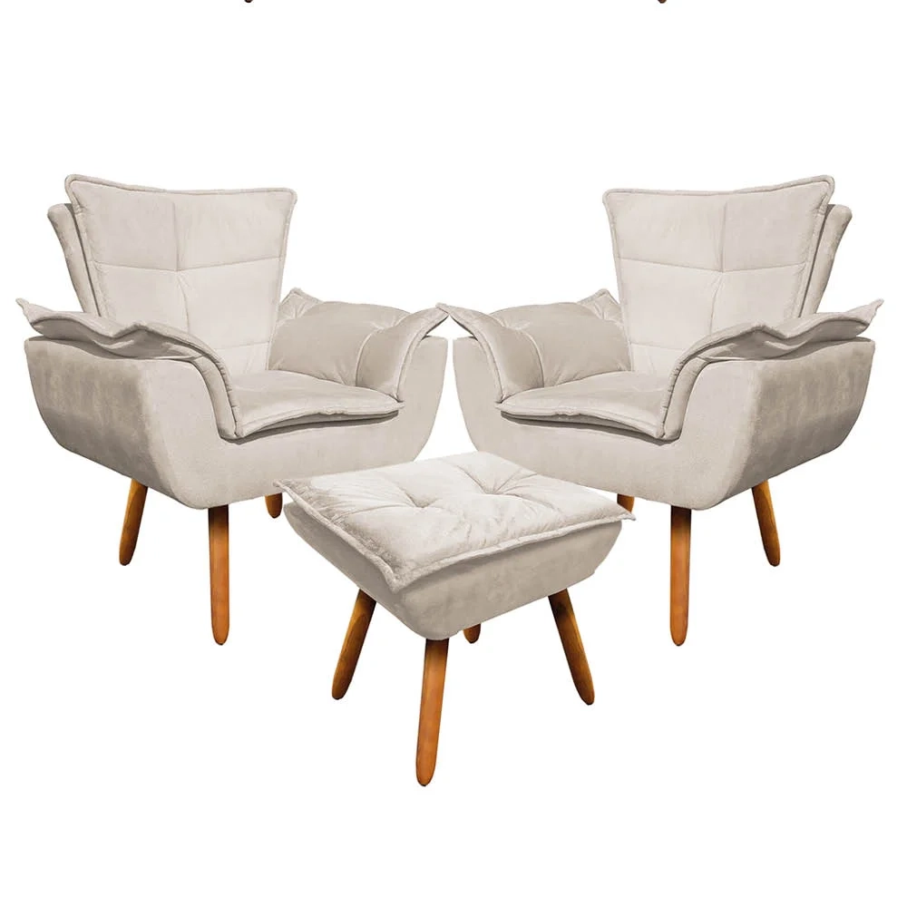 Kit 2 Poltronas Decorativas Pés Palito com Puff Opla Suede Bege - Ibiza