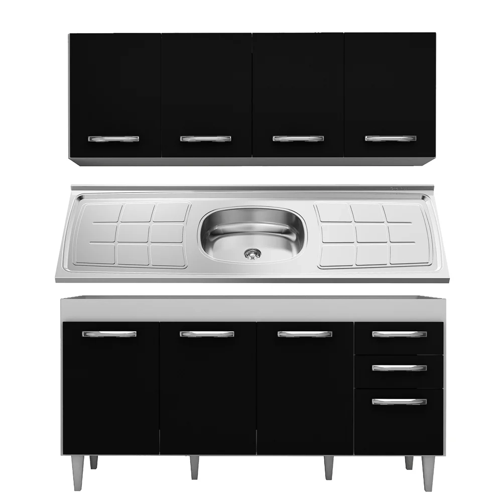Armário Aéreo Panamá e Balcão Gabinete Áustria com Pia Inox 160cm Branco/Preto - Lumil Móveis