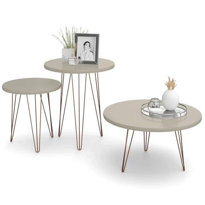 Conjunto Mesas de Centro Redondas Evolution Base Aço Off White - Patrimar