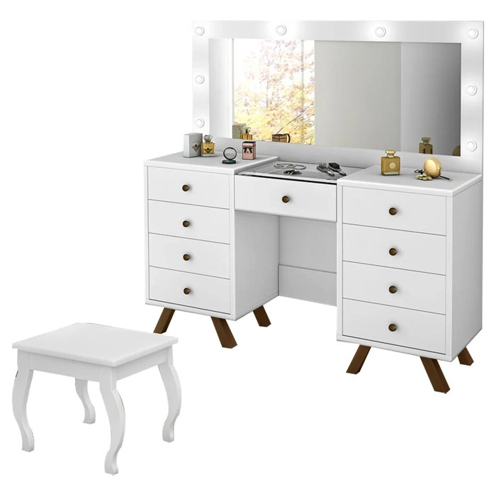Penteadeira Camarim 8 Gavetas e Porta Joias Com Banqueta Mila Branco - Móveis Lupi