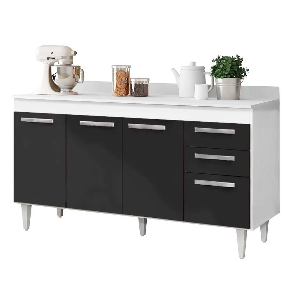 Balcão 150cm Com Tampo Lisboa 4pts 2gav Branco/Preto - Lumil Móveis