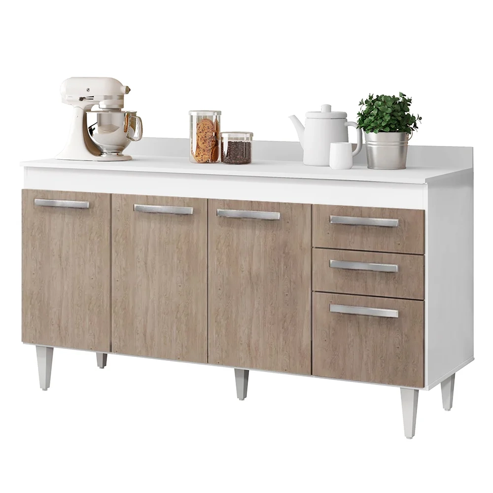 Balcão Gabinete Para Pia 150cm 4 Portas 2 Gavetas Com Tampo Lis L03 Branco/Castanho - Mpozenato