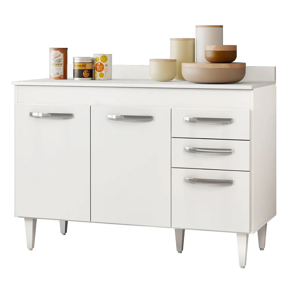 Balcão Gabinete Para Pia 120cm Suécia Com Tampo 3 Portas 2 Gavetas Branco - Lumil Móveis