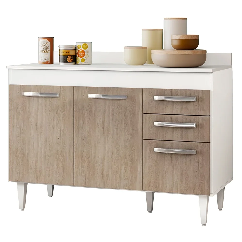 Balcão Gabinete Para Pia 120cm Suécia 3 Portas 2 Gavetas Branco/Castanho - Lumil Móveis