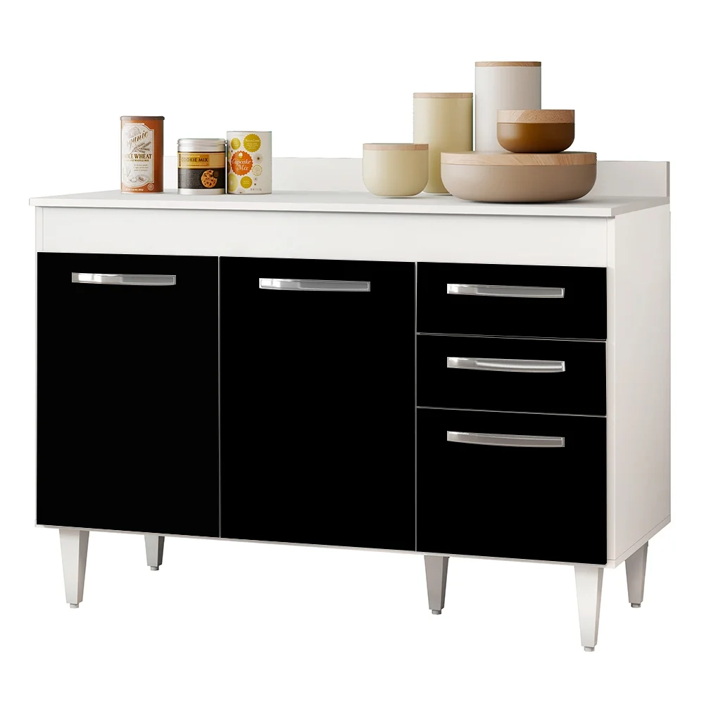 Balcão Gabinete Para Pia 120cm Suécia 3 Portas 2 Gavetas Branco/Preto - Lumil Móveis