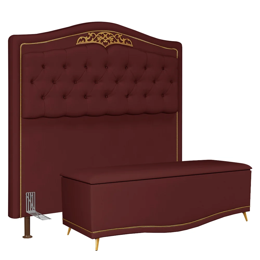 Cabeceira Cama Box Casal 140cm Com Calçadeira Baú Imperial Veludo J02 Bordô - Mpozenato