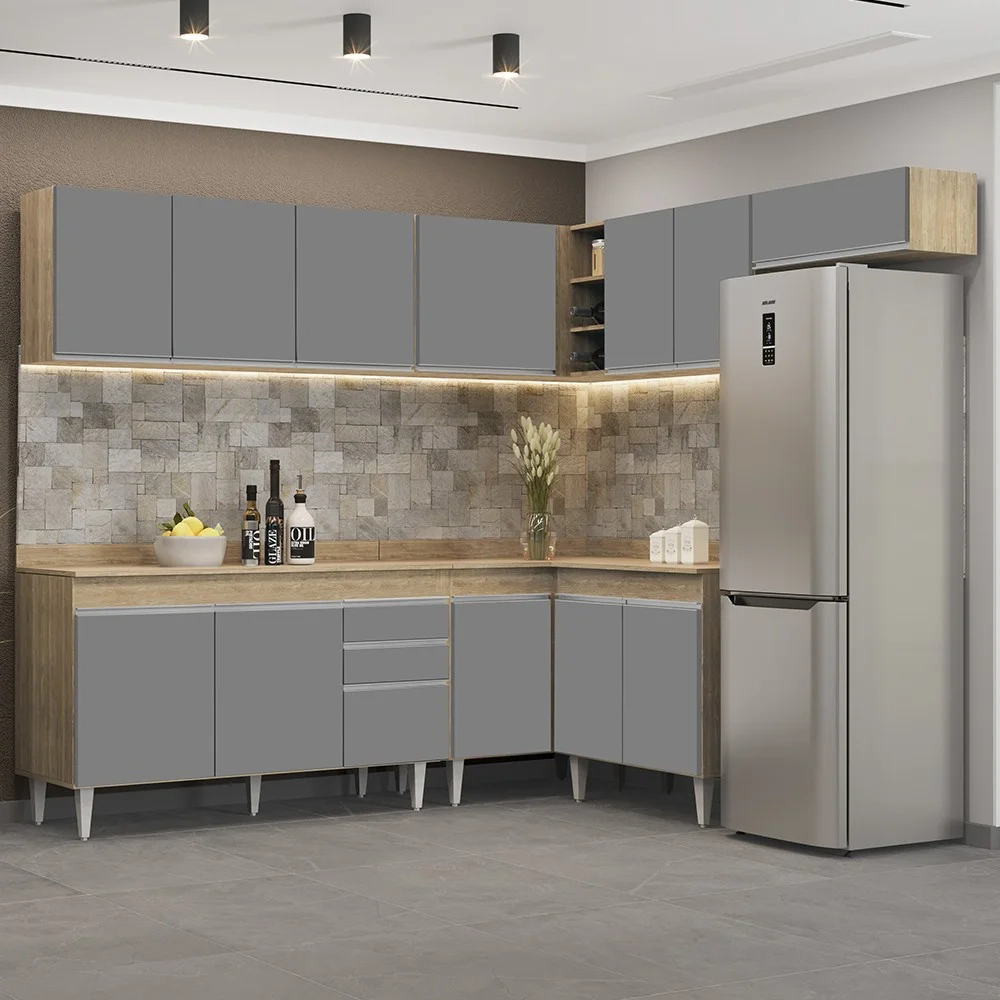 Armário de Cozinha Modulado de Canto 7 Peças CP23 Balcão com Tampo Castanho/Cinza - Lumil