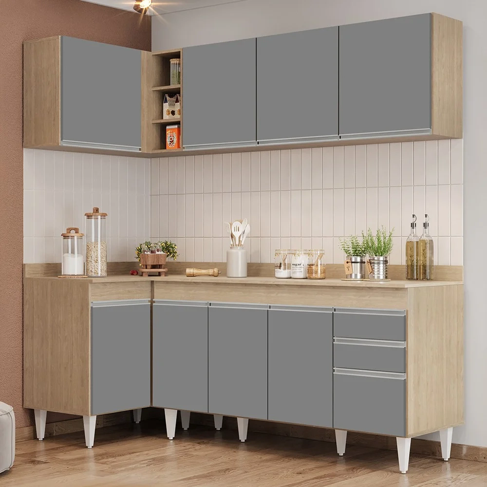 Armário de Cozinha Modulado de Canto Direito 4 Peças CP41 Balcão com Tampo Castanho/Cinza - Lumil