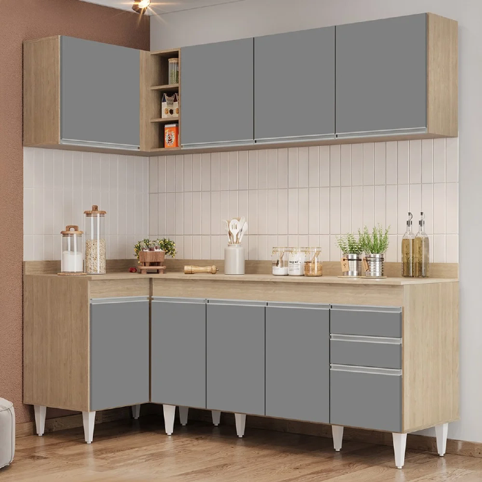 Armário de Cozinha Modulado de Canto Direito 4 Peças CP41 Balcão com Tampo Castanho/Cinza - Lumil