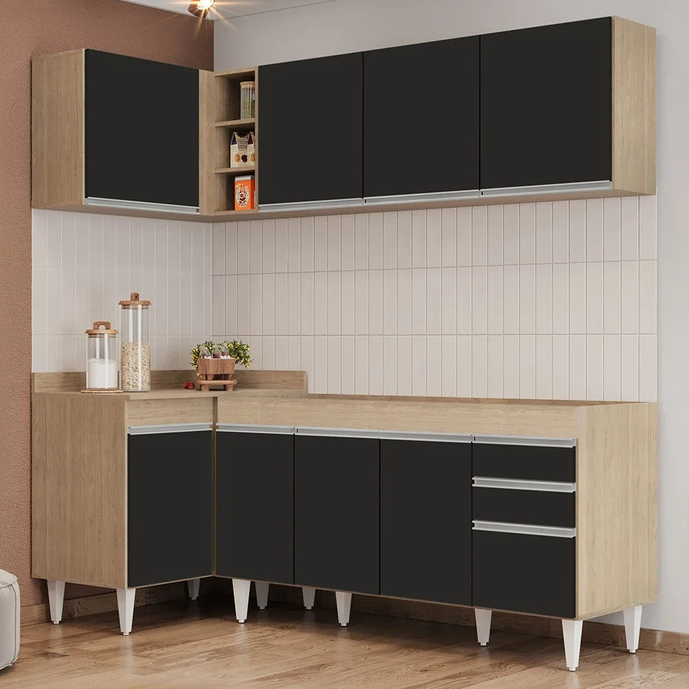 Armário de Cozinha Modulado de Canto Direito 4 Peças CP40 Balcão sem Tampo Castanho/Preto - Lumil