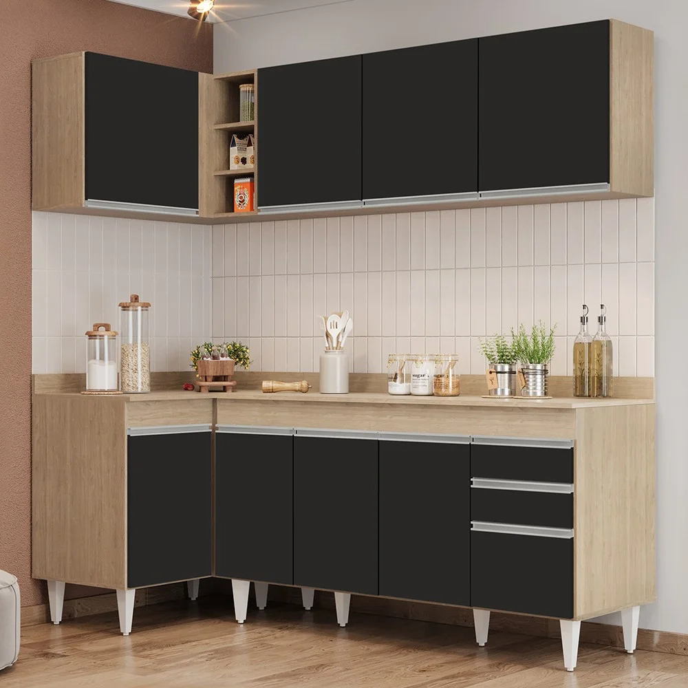 Armário de Cozinha Modulado de Canto Direito 4 Peças CP41 Balcão com Tampo Castanho/Preto - Lumil