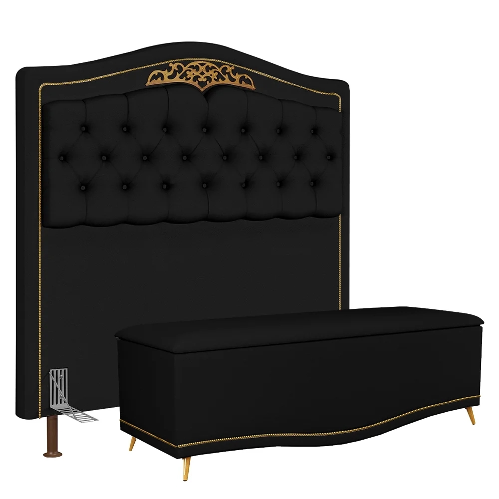 Cabeceira Cama Box Casal King 195cm Com Calçadeira Baú Imperial J02 Sintético Preto - Mpozenato