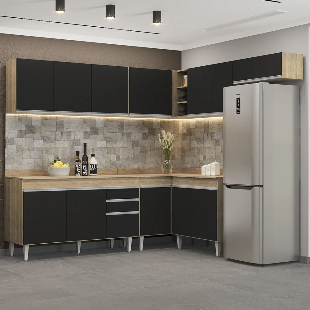 Armário de Cozinha Modulado de Canto 7 Peças CP23 Balcão com Tampo Castanho/Preto - Lumil