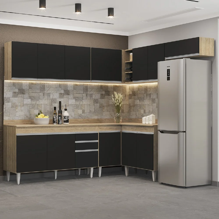Armário de Cozinha Modulado de Canto 7 Peças CP23 Balcão com Tampo Castanho/Preto - Lumil