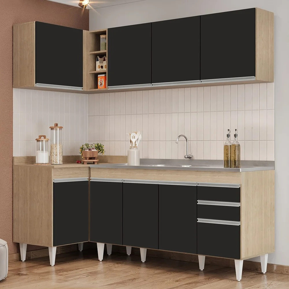 Armário de Cozinha Modulado de Canto Direito 4 Peças CP42 com Pia Inox Castanho/Preto - Lumil