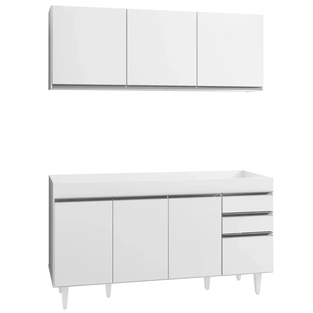 Armário Aéreo Argélia e Balcão Gabinete Para Pia 150cm sem Tampo Marrocos Branco - Lumil Móveis