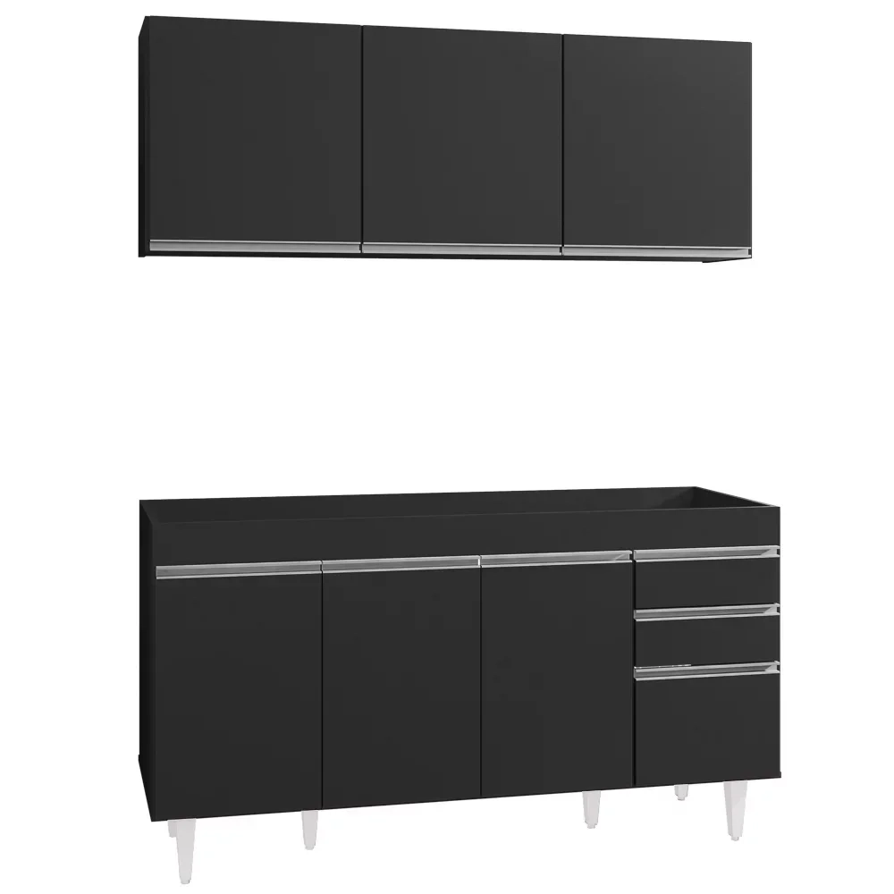 Armário Aéreo Argélia e Balcão Gabinete Para Pia 150cm sem Tampo Marrocos Preto - Lumil Móveis