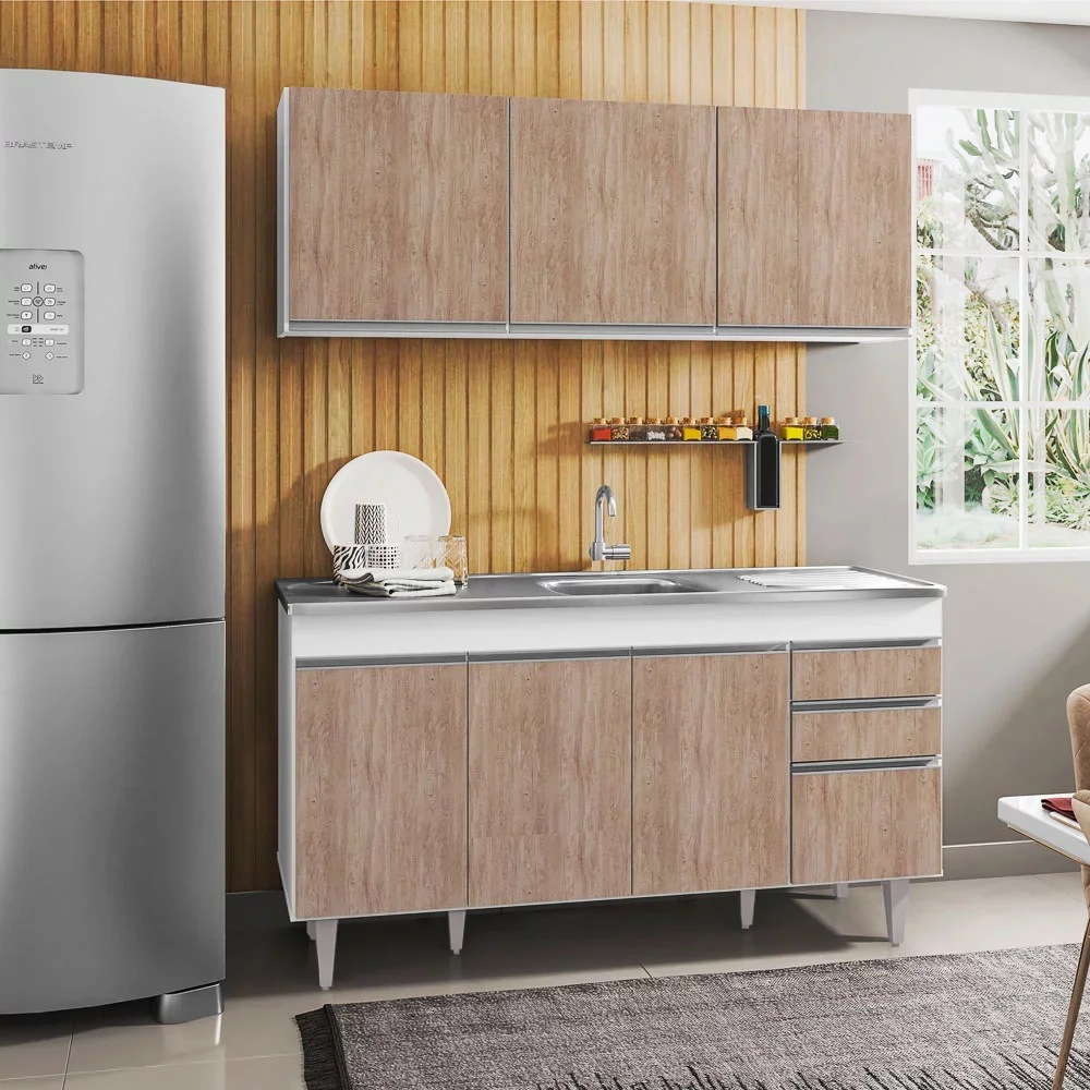 Armário Aéreo Argélia e Balcão Gabinete com Pia Inox Marrocos 150cm Branco/Castanho - Lumil Móveis