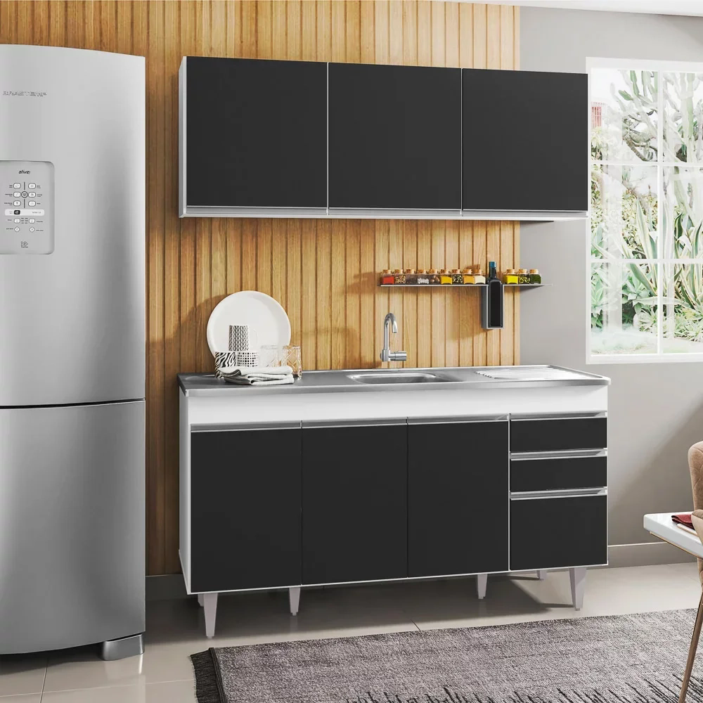 Armário Aéreo Argélia e Balcão Gabinete com Pia Inox Marrocos 150cm Branco/Preto - Lumil Móveis