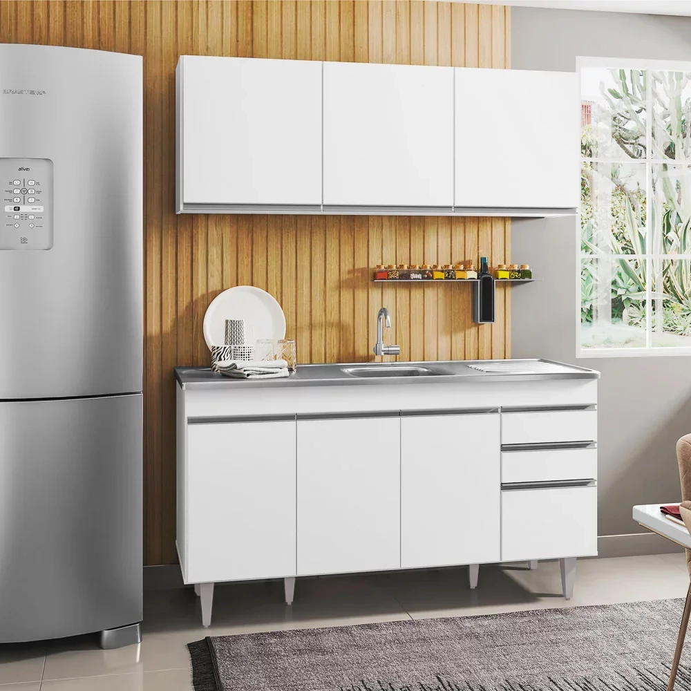 Armário Aéreo Argélia e Balcão Gabinete com Pia Inox Marrocos 150cm Branco - Lumil Móveis