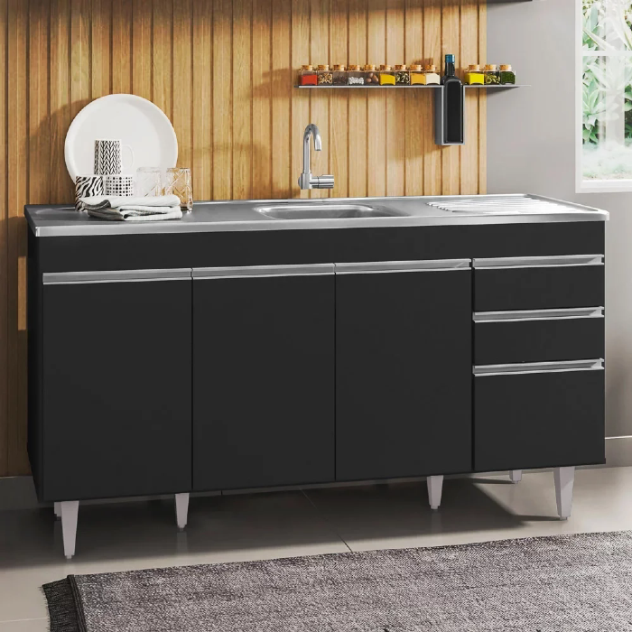 Balcão Gabinete com Pia Inox 150cm 4 Portas 2 Gavetas Marrocos Preto - Lumil