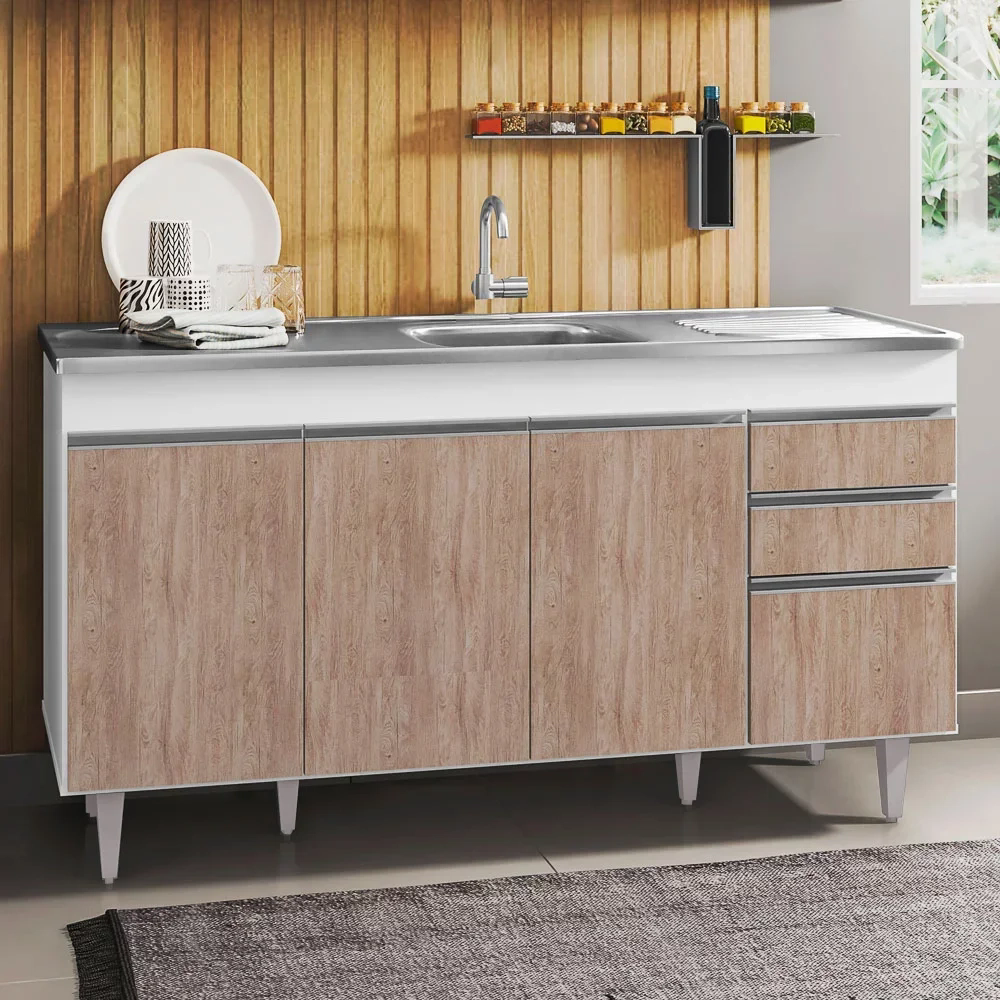 Balcão Gabinete com Pia Inox 150cm 4 Portas 2 Gavetas Marrocos Branco/Castanho - Lumil