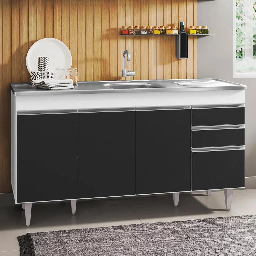 Balcão Gabinete com Pia Inox 150cm 4 Portas 2 Gavetas Marrocos Branco/Preto - Lumil