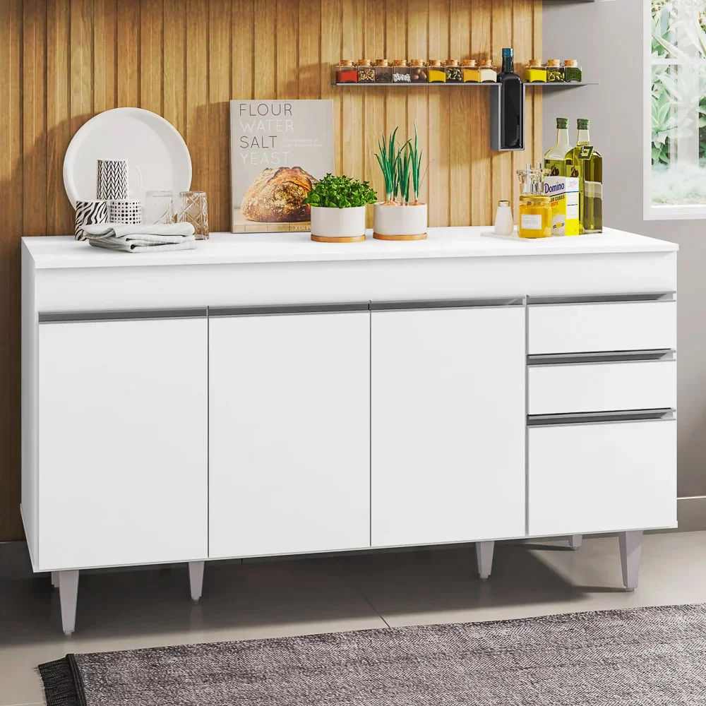 Balcão Gabinete Para Pia 150cm com Tampo 4 Portas 2 Gavetas Marrocos Branco - Lumil