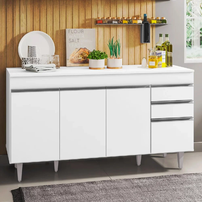 Balcão Gabinete Para Pia 150cm com Tampo 4 Portas 2 Gavetas Marrocos Branco - Lumil