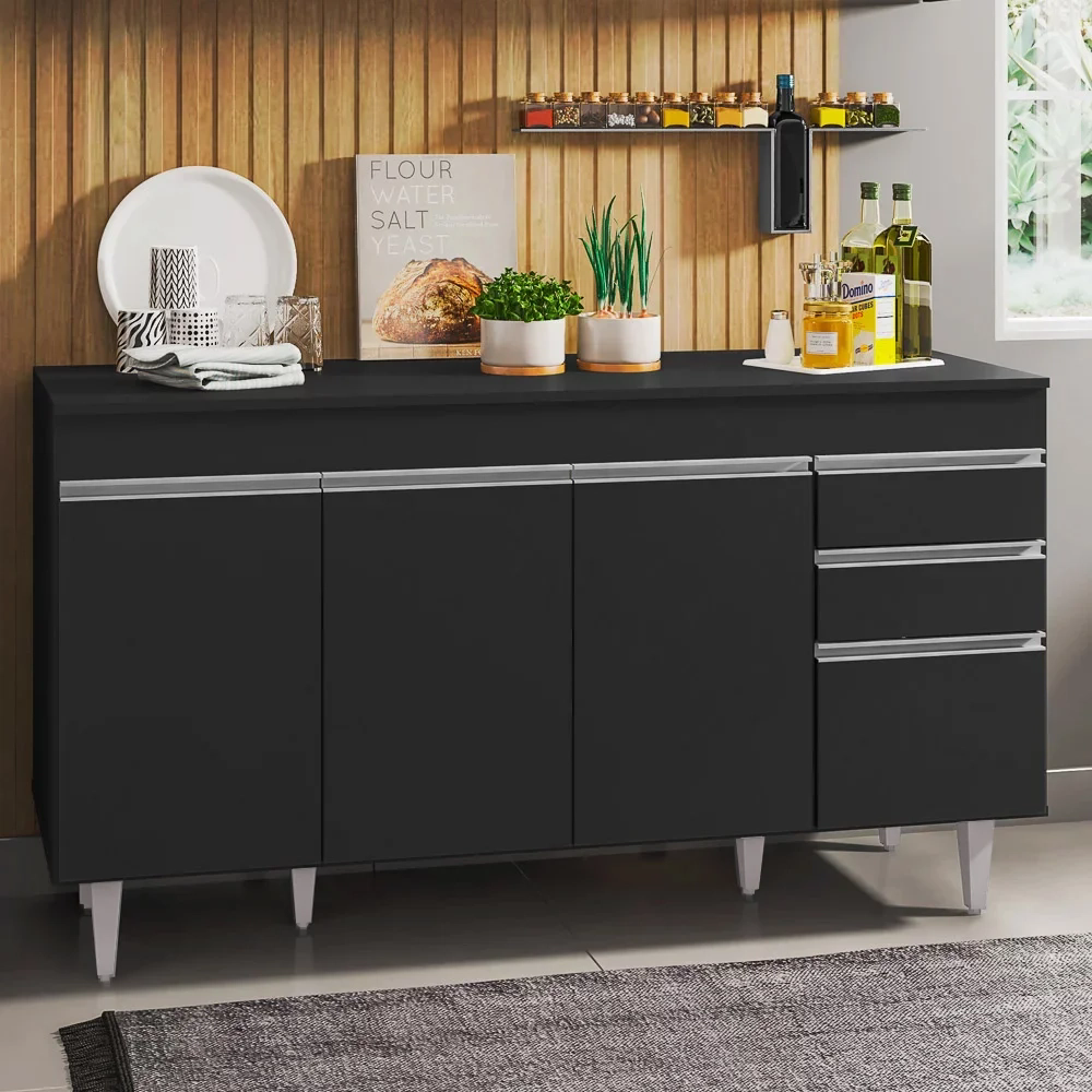 Balcão Gabinete Para Pia 150cm com Tampo 4 Portas 2 Gavetas Marrocos Preto - Lumil