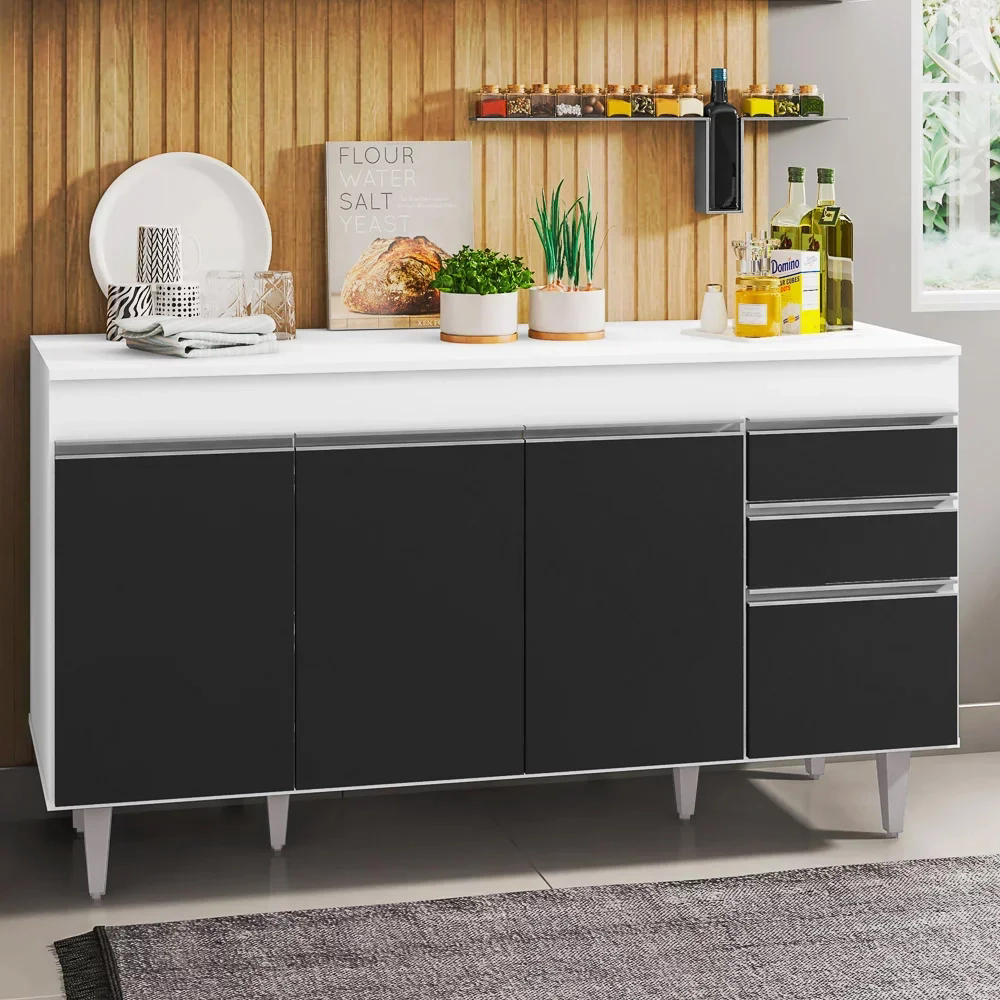 Balcão Gabinete Para Pia 150cm com Tampo 4 Portas 2 Gavetas Marrocos Branco/Preto - Lumil