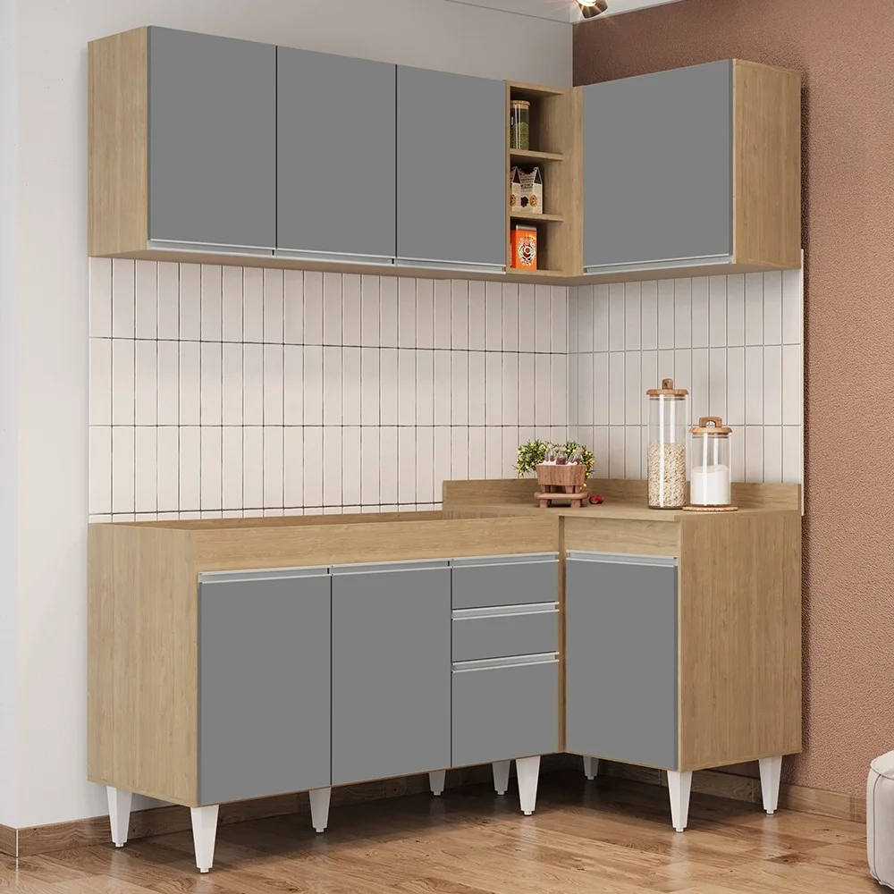 Armário de Cozinha Modulado de Canto Esquerdo 4 Peças CP46 Balcão sem Tampo Castanho/Cinza - Lumil