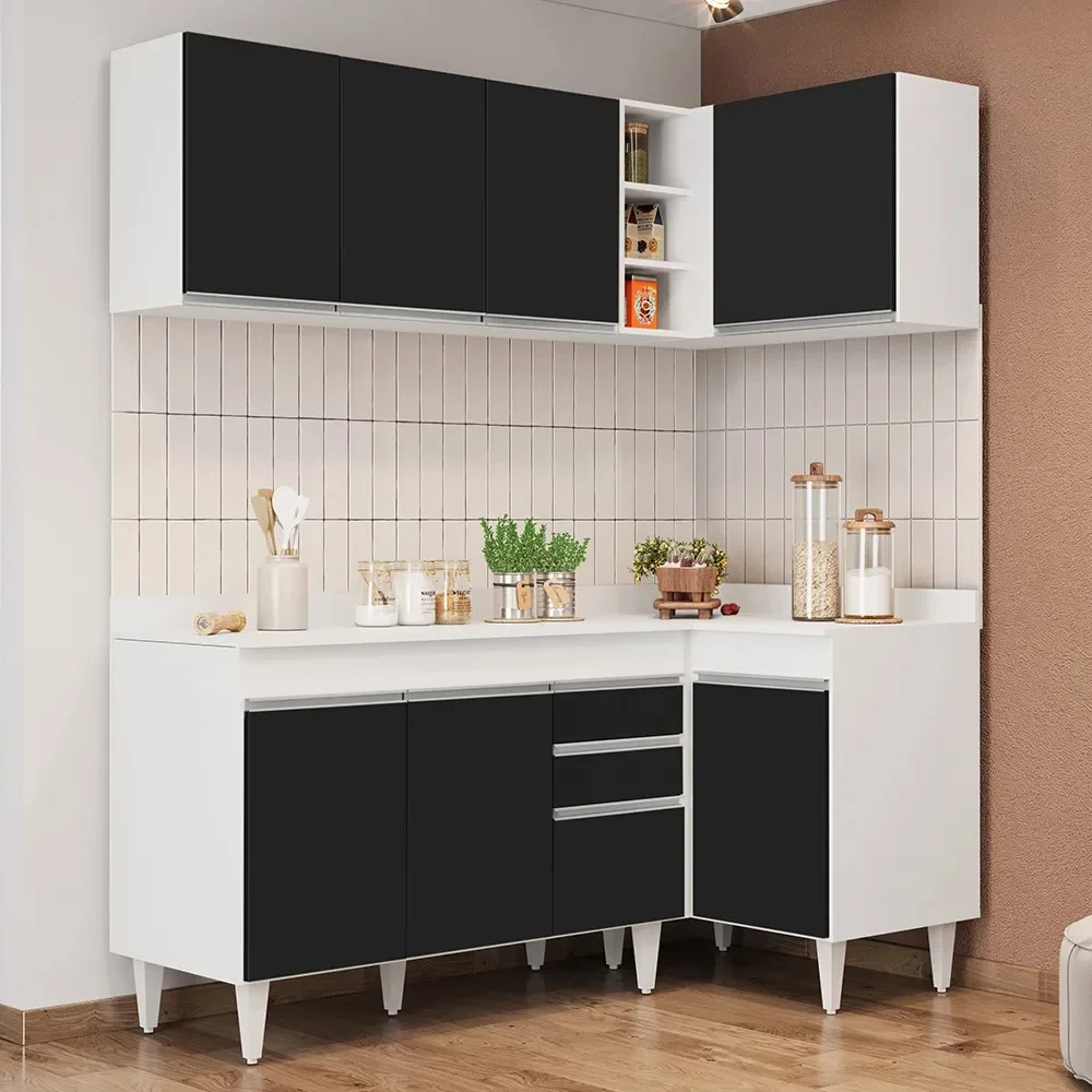 Armário de Cozinha Modulado de Canto Esquerdo 4 Peças CP47 Balcão com Tampo Branco/Preto - Lumil