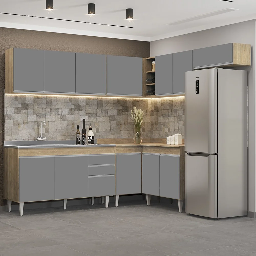 Armário de Cozinha Modulado de Canto 7 Peças CP24 com Pia Inox Castanho/Cinza - Lumil