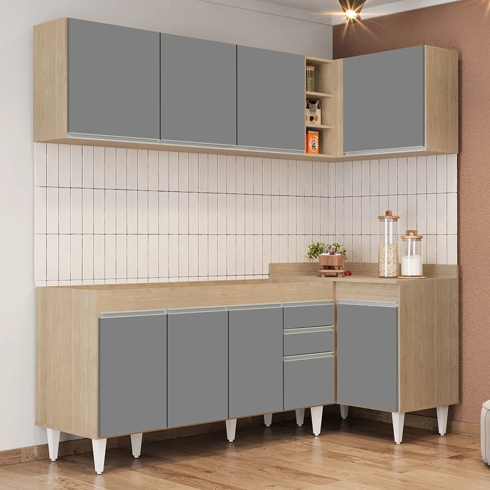Armário de Cozinha Modulado de Canto Esquerdo 4 Peças CP49 Balcão sem Tampo Castanho/Cinza - Lumil
