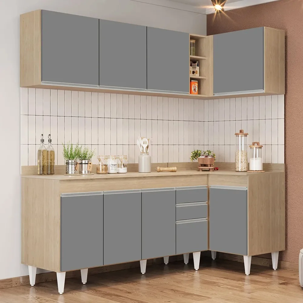 Armário de Cozinha Modulado de Canto Esquerdo 4 Peças CP50 Balcão com Tampo Castanho/Cinza - Lumil