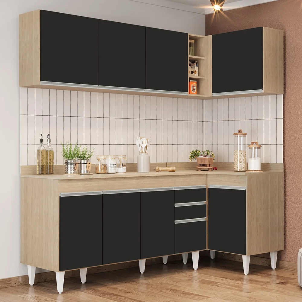Armário de Cozinha Modulado de Canto Esquerdo 4 Peças CP50 Balcão com Tampo Castanho/Preto - Lumil