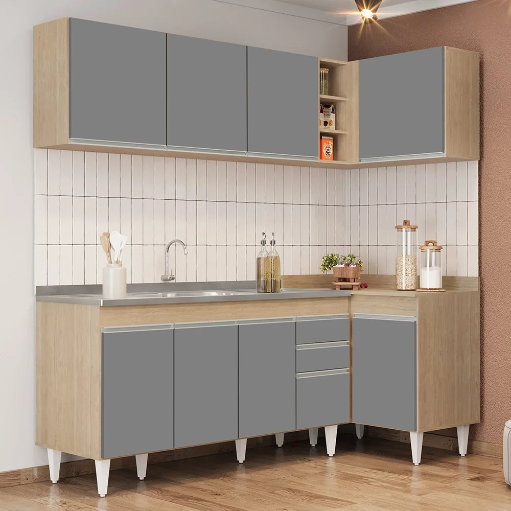 Armário de Cozinha Modulado de Canto Esquerdo 4 Peças CP51 com Pia Inox Castanho/Cinza - Lumil