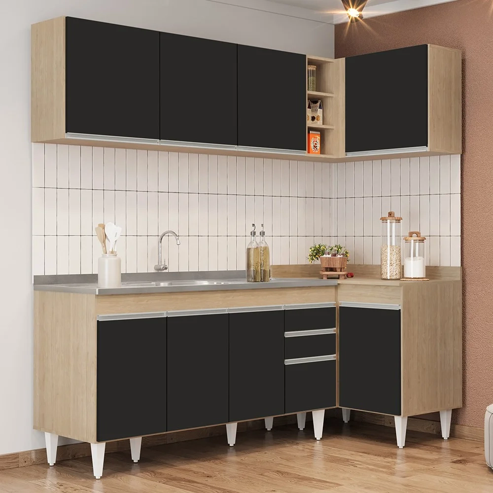 Armário de Cozinha Modulado de Canto Esquerdo 4 Peças CP51 com Pia Inox Castanho/Preto - Lumil