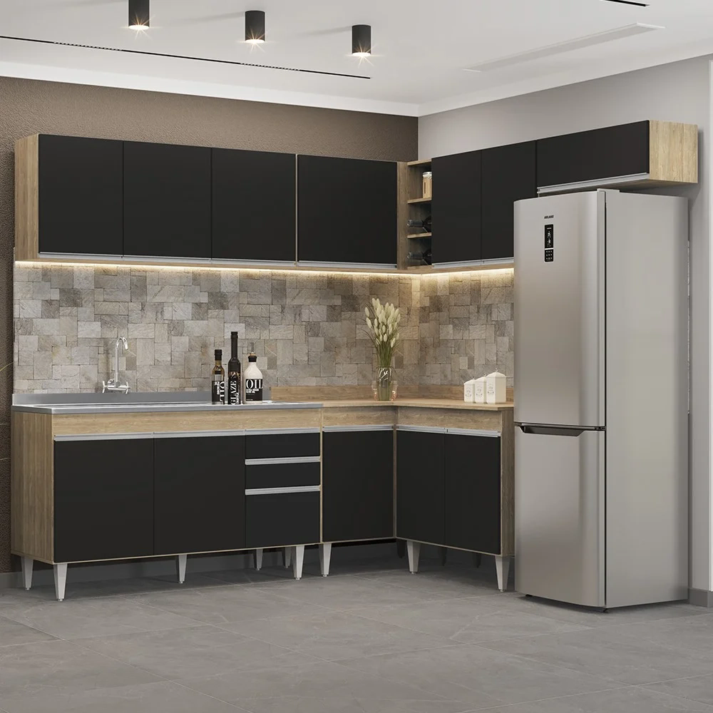 Armário de Cozinha Modulado de Canto 7 Peças CP24 com Pia Inox Castanho/Preto - Lumil