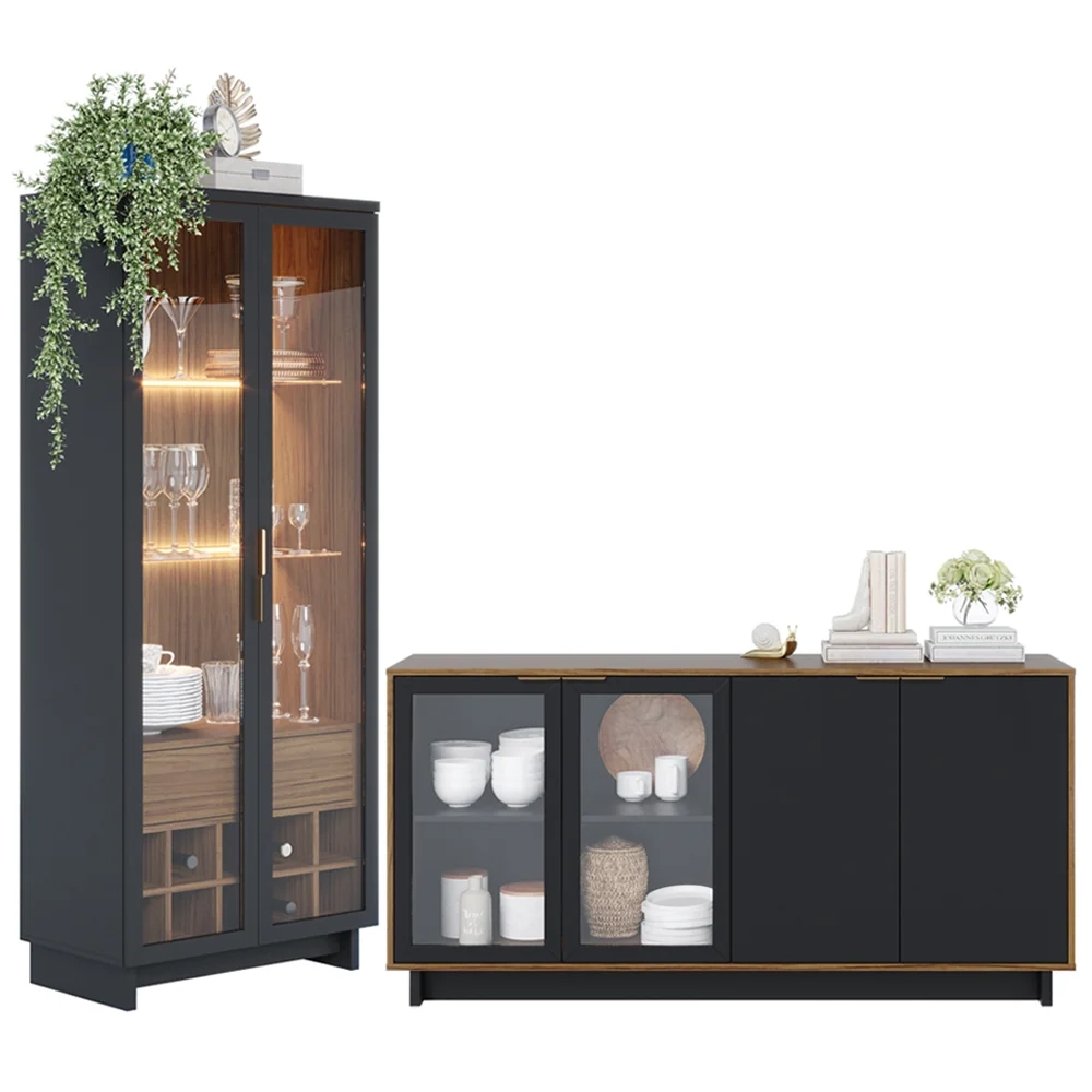 Conjunto Sala de Jantar Cristaleira Tijuca e Buffet Vicky C05 Preto Fosco/Noce Milano - Mpozenato