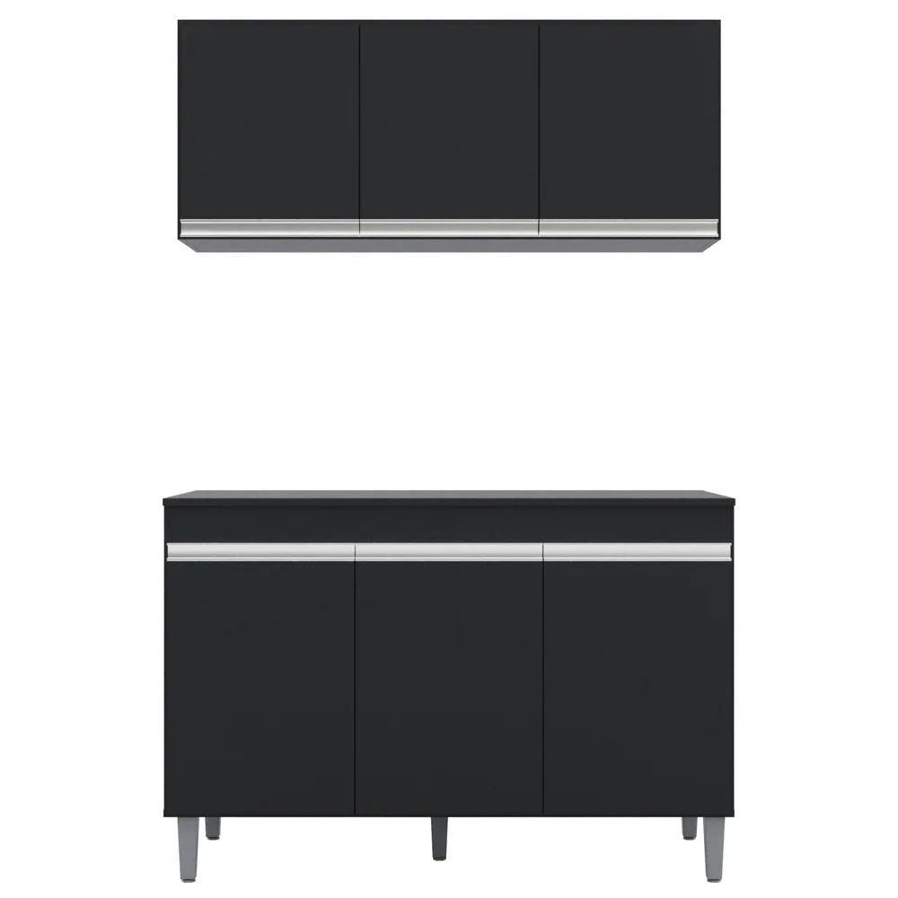 Armário e Balcão Gabinete Para Pia 120cm com Tampo 3 Portas Manu Preto - AJL Móveis