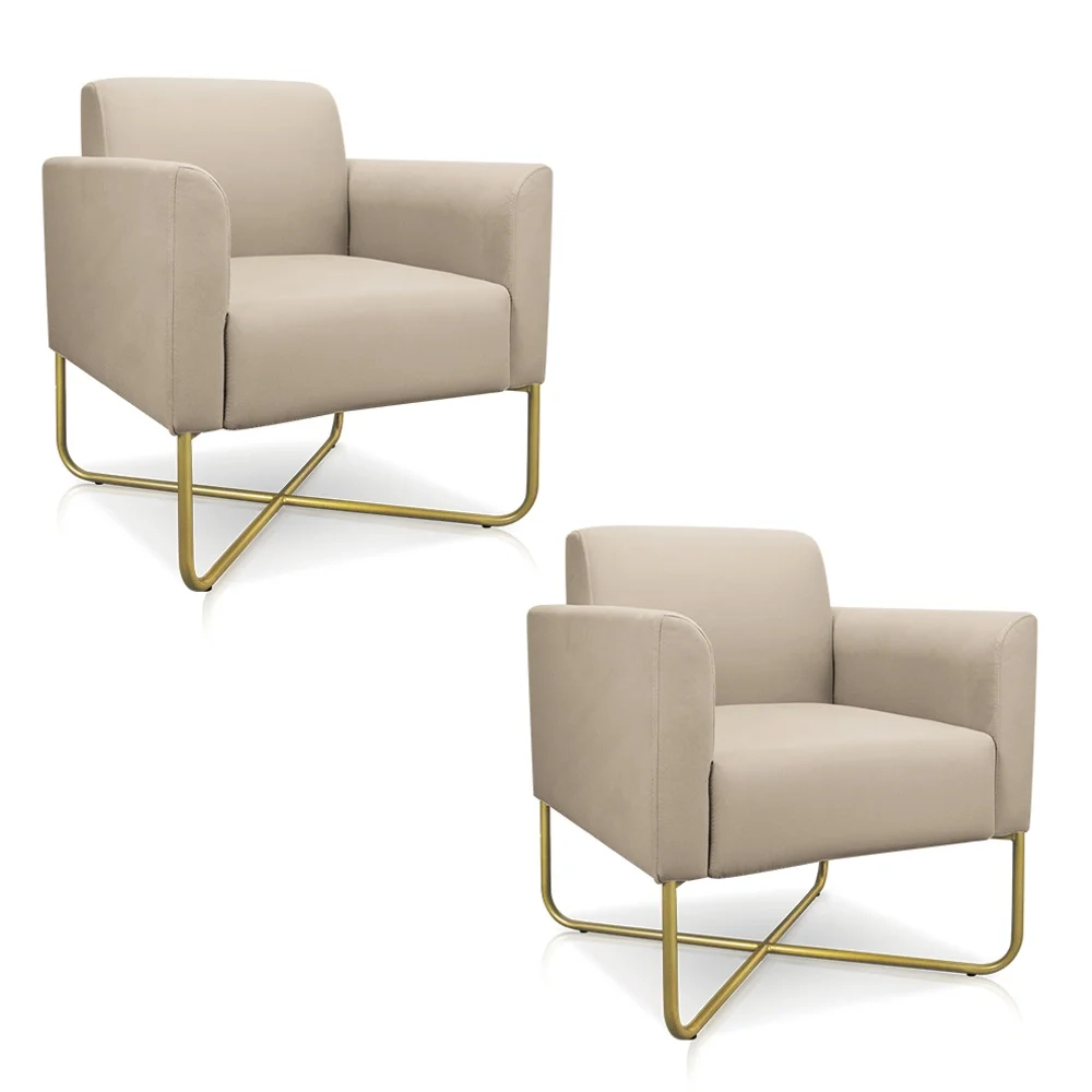 Kit 2 Poltronas Decorativas Base Industrial X Dourada Maressa S03 Suede Bege - Ibiza