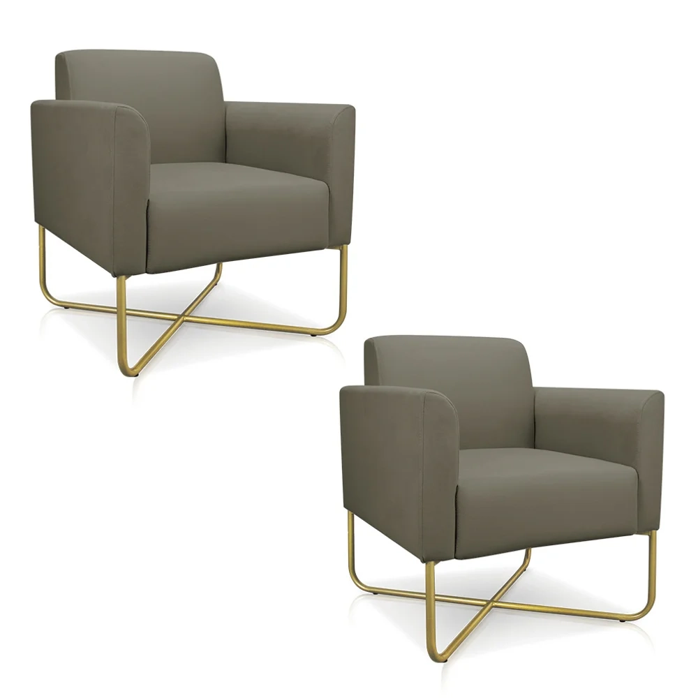 Kit 2 Poltronas Decorativas Base Industrial X Dourada Maressa S12 Suede Marrom Rato - Ibiza